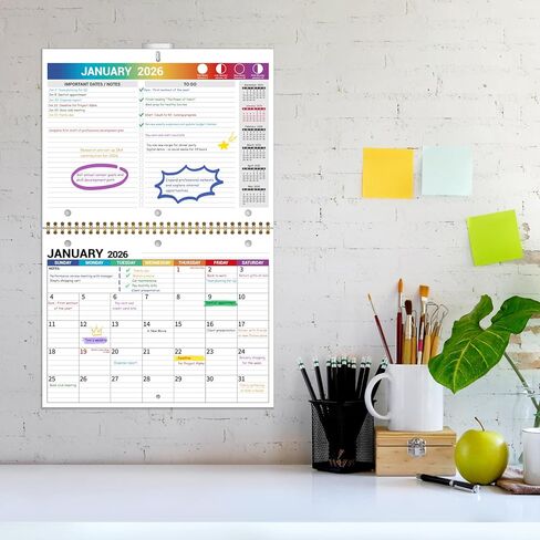 2026 Calendar, 2026 Wall Calendar 12 Month, 8.5" x 11", Jan 2026 - Dec 2026, 3-Hole Punched Binder Calendar, Memoranda Lined Pages with Thick Paper, Spiral Binding, Holidays, Moon Phases, Blue in Saudi Arabia
