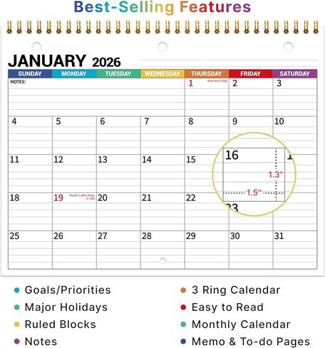 2026 Calendar, 2026 Wall Calendar 12 Month, 8.5" x 11", Jan 2026 - Dec 2026, 3-Hole Punched Binder Calendar, Memoranda Lined Pages with Thick Paper, Spiral Binding, Holidays, Moon Phases, Blue in Saudi Arabia