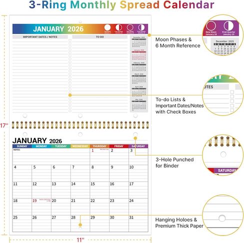 2026 Calendar, 2026 Wall Calendar 12 Month, 8.5" x 11", Jan 2026 - Dec 2026, 3-Hole Punched Binder Calendar, Memoranda Lined Pages with Thick Paper, Spiral Binding, Holidays, Moon Phases, Blue in Saudi Arabia