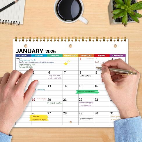 2026 Calendar, 2026 Wall Calendar 12 Month, 8.5" x 11", Jan 2026 - Dec 2026, 3-Hole Punched Binder Calendar, Memoranda Lined Pages with Thick Paper, Spiral Binding, Holidays, Moon Phases, Blue in Saudi Arabia