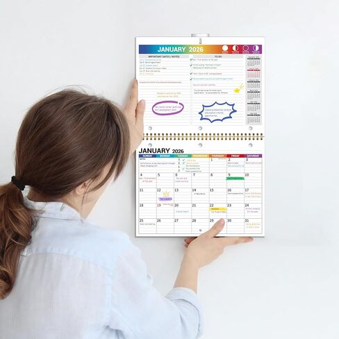2026 Calendar, 2026 Wall Calendar 12 Month, 8.5" x 11", Jan 2026 - Dec 2026, 3-Hole Punched Binder Calendar, Memoranda Lined Pages with Thick Paper, Spiral Binding, Holidays, Moon Phases, Blue in Saudi Arabia