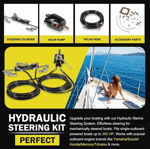 Hydraulic Steering System Kit for 300HP Outboard Boats –With Helm Pump, Built-in Two-Way Lock Cylinder & 26FT Nylon Hoses –For Yamaha/Mercury/Honda/Suzuki Engines Up to 300HP, Saltwater/Freshwater Use in Saudi Arabia
