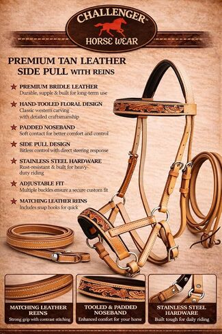 CHALLENGER Horse Western Leather Sunflower Bitless Sidepull Bridle Reins Hackamore 77RS26TN in Kuwait