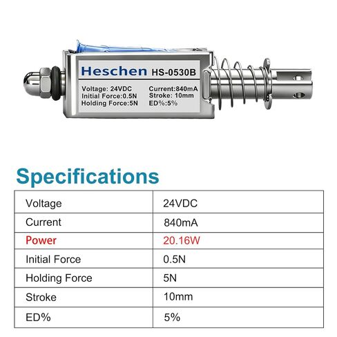 Heschen DC Solenoid Electromagnet, Push Pull Type, HS-0530B, DC24V 840mA, 10mm Stroke, Initial Force 0.5N, Max Keep Force 5N, Open Frame, Linear Motion in Kuwait