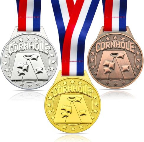 ميداليات Donrime Cornhole - ميدالية ثقب الذرة المعدنية الذهبية والفضية والبرونزية مقاس 2.56 بوصة مع أشرطة برقبة على شكل حرف V للأطفال والكبار هدية جائزة الكأس in Kuwait