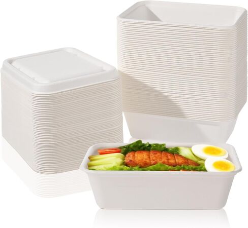 34 oz Disposable Food Containers with Lids 50 Pack Sugarcane Pulp Food Prep Containers Biodegradable Lunch Take out Box Compostable and Microwave Safe for Meal Prep(White) in Kuwait