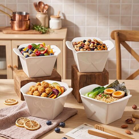 Zhehao Set of 4 Food Truck Large Ceramic Take out Boxes 6 x 6 x 3 Inch White Porcelain Foods Container Bowl 60 oz Microwave Dishwasher Safe Box for Salad Pasta Food Truck Snacks Restaurant Party in Kuwait
