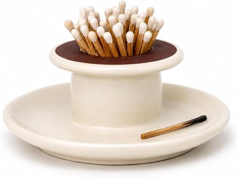 Handcrafted Ceramic Match Holder with Built-in Striker and Tray | Works with All Short Matches | Home Accessory for Candles, Fireplaces, & Bathrooms | Housewarming Gift | Matches not Included in Saudi Arabia