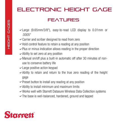 مقياس الارتفاع الرقمي الإلكتروني Starrett، مخرج SPC مع جهاز الكتابة - نطاق 0-12 بوصة، دقة 0.0005 بوصة، تشغيل/إيقاف يدوي، شاشة LCD كبيرة - 3754-12/300 in Kuwait