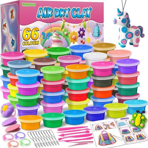 طقم طين جاف في Essenson Air ، 66 ألوانًا لصنع المجوهرات مع طين النمذجة ، مجموعة Craft Kit للأطفال ، مشاريع مدرسية للفنون والحرف اليدوية ، هدية حرفة مثالية للأطفال in Kuwait