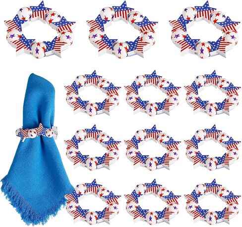 Patriotic Star Napkin Rings Set of 12, Red White Blue 4th of July Napkin Rings, American Star Wooden Bead Napkin Holders with Elastic Buckles for Independence Day, Memorial Day, Party Table Decor in Saudi Arabia