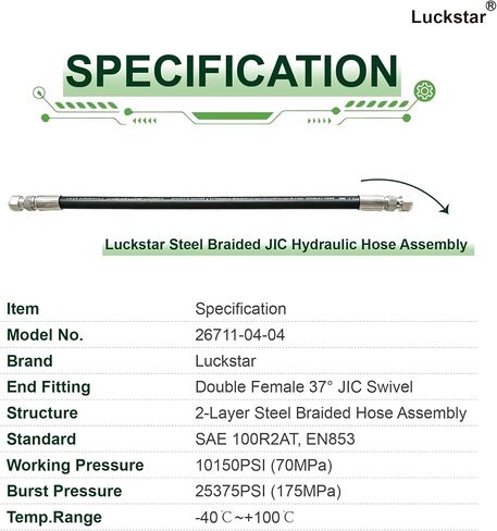 Luckstar 26711-04-04 84 بوصة طويلة 1/4 بوصة مجموعة دوارة للخرطوم الهيدروليكي، طبقتين من الفولاذ المضفر، EN853 SAE 100R2AT، أنثى JIC 37 درجة × أنثى JIC 37 درجة، 10150 رطل لكل بوصة مربعة ضغط العمل in Kuwait