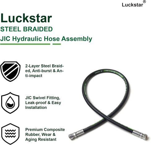 Luckstar 26711-04-04 84 بوصة طويلة 1/4 بوصة مجموعة دوارة للخرطوم الهيدروليكي، طبقتين من الفولاذ المضفر، EN853 SAE 100R2AT، أنثى JIC 37 درجة × أنثى JIC 37 درجة، 10150 رطل لكل بوصة مربعة ضغط العمل in Kuwait