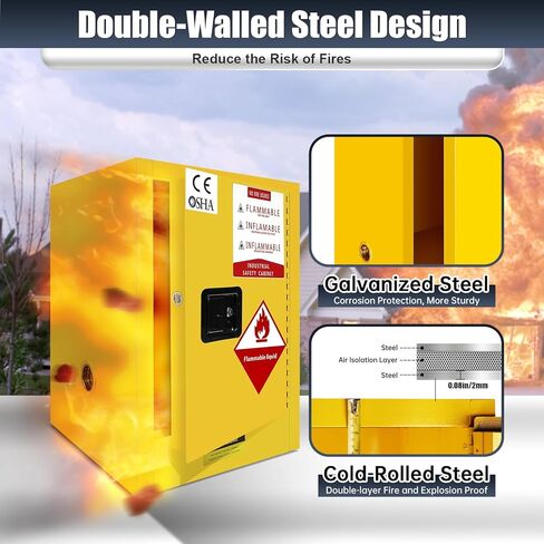 12 Gallon Galvanized Steel Flammable Safety Cabinet, 23H x18W x18D, Adjustable Shelf for Industrial, Commercial & Home Hazardous Storage (Yellow) in Kuwait