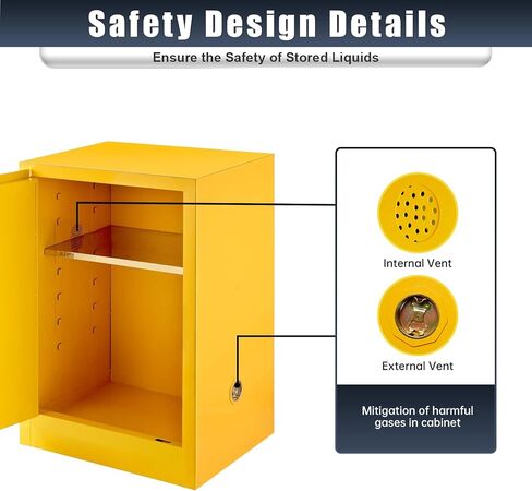 12 Gallon Galvanized Steel Flammable Safety Cabinet, 23H x18W x18D, Adjustable Shelf for Industrial, Commercial & Home Hazardous Storage (Yellow) in Kuwait