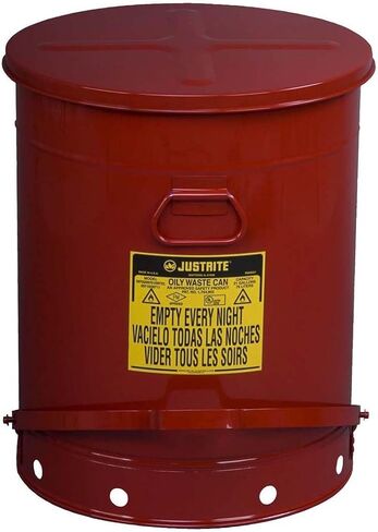 Justrite 9700 21 gal Red Galvanized Steel Oily Waste Can with Foot Lever Opening Device, English, 15.34 fl. oz, Plastic, 1" x 1" x 23.87" in Kuwait