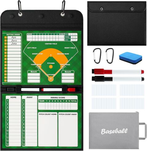Magnetic Baseball Lineup Board, Collapsible Baseball Coach Board for Dugout, Double-Sided Magnetic Dry-Erase Surface, Leather Cover, 40 Magnetic Cards, Portable for Coaches & Teams in Kuwait