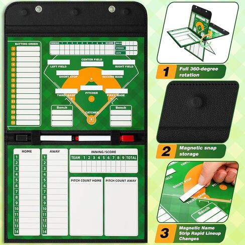 Magnetic Baseball Lineup Board, Collapsible Baseball Coach Board for Dugout, Double-Sided Magnetic Dry-Erase Surface, Leather Cover, 40 Magnetic Cards, Portable for Coaches & Teams in Kuwait