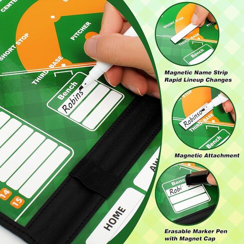 Magnetic Baseball Lineup Board, Collapsible Baseball Coach Board for Dugout, Double-Sided Magnetic Dry-Erase Surface, Leather Cover, 40 Magnetic Cards, Portable for Coaches & Teams in Kuwait