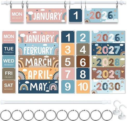 Updated Boho Flip Calendar for Classroom, Boho Flip Calendar with Adjustable Holder, Boho Classroom Calendars Set with 60 Cards for Preschool Elementary Home Classroom Must Haves Supplies in Saudi Arabia