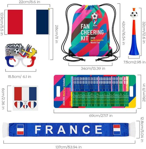 Ultimate 2026 World Soccer Cup USA Fan Kit - 7-in-1 Match Day Set: Flag, Trumpet, Scarf, Glasses, Tattoos, Schedule & Backpack - Patriotic Parade Party Supplies for Fans (FRA) in Kuwait
