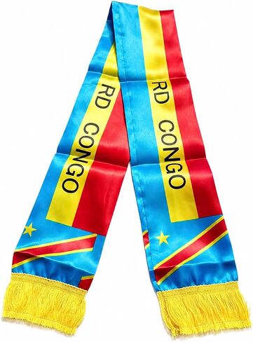 Congo Flag Satin Scarf, Blue Red Yellow, Fringed Ends, Fan Supporter Wrap World cup 2026 14x135cm Double-sided Printed Satin Congo Flag Scarf Tassels for Football, Sports, Events in Kuwait