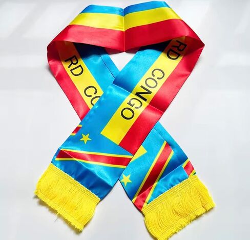 Congo Flag Satin Scarf, Blue Red Yellow, Fringed Ends, Fan Supporter Wrap World cup 2026 14x135cm Double-sided Printed Satin Congo Flag Scarf Tassels for Football, Sports, Events in Kuwait