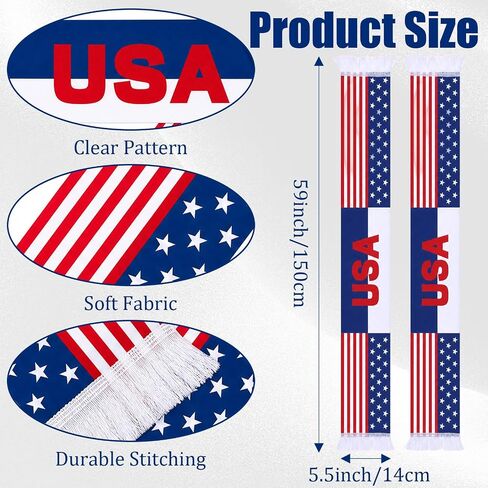 2 Pcs USA Soccer Definition Universal Polyester Trophy Scarf, American Flag Satin Fan Scarf with Red White Blue Stripes, Patriotic Sports Supporter Accessory for Game Day Celebrations in Kuwait