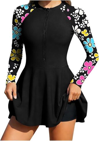 Women Long Sleeve Rash Guard Swimdress Surfing Printed One Piece Zipper Skirted Swimsuit with Boyshorts in Kuwait