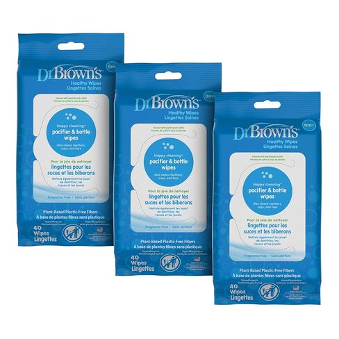 Dr. Brown's Bottle and Pacifier Healthy Wipes, Safely Clean Bottles, Baby Items, and Feeding Essentials, Hypoallergenic, 40 count, 3-Pack (Packaging May Vary) in Kuwait