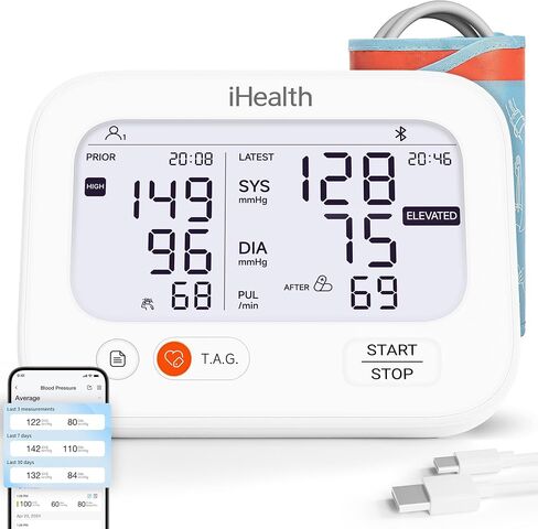 جهاز قياس ضغط الدم الذكي من iHealth Jurni للاستخدام المنزلي، قابل لإعادة الشحن وشاشة مزدوجة عالية التباين لقياس ضغط الدم في الذراع العلوي لمستخدمين، تم التحقق من صحته سريريًا، وممكن التطبيق لنظامي iOS وAndroid in Kuwait