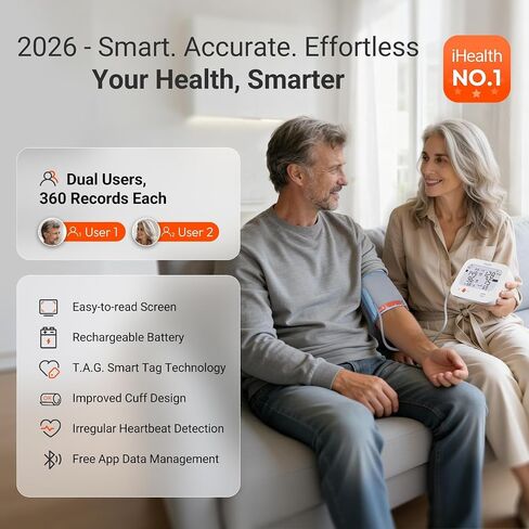 جهاز قياس ضغط الدم الذكي من iHealth Jurni للاستخدام المنزلي، قابل لإعادة الشحن وشاشة مزدوجة عالية التباين لقياس ضغط الدم في الذراع العلوي لمستخدمين، تم التحقق من صحته سريريًا، وممكن التطبيق لنظامي iOS وAndroid in Kuwait