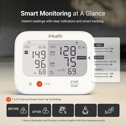 جهاز قياس ضغط الدم الذكي من iHealth Jurni للاستخدام المنزلي، قابل لإعادة الشحن وشاشة مزدوجة عالية التباين لقياس ضغط الدم في الذراع العلوي لمستخدمين، تم التحقق من صحته سريريًا، وممكن التطبيق لنظامي iOS وAndroid in Kuwait
