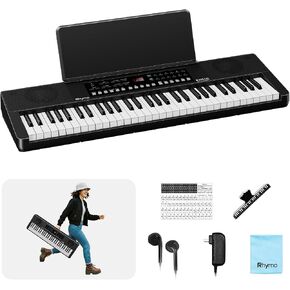 بيانو لوحة مفاتيح Rhymo 61 مفتاحًا، لوحة مفاتيح بيانو كهربائية مع استجابة باللمس، شاشة LED، حامل موسيقى، 300 صوت، 300 إيقاع، بيانو لوحة مفاتيح تعليمية للمبتدئين، مكبرات صوت مدمجة (أسود) in Kuwait