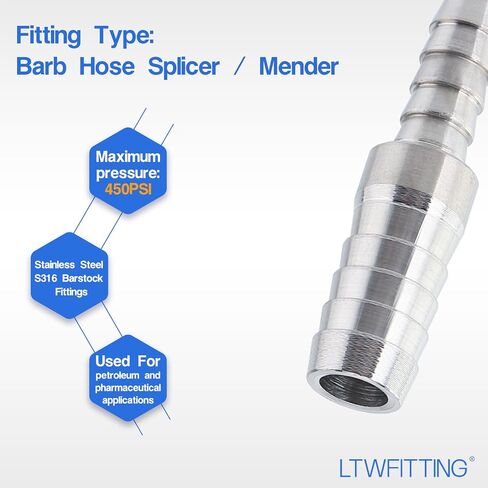 LTWFITTING Bar إنتاج الفولاذ المقاوم للصدأ 316 Barb Splicer Mender 3/8 بوصة معرف خرطوم × تركيب معرف خرطوم 1/4 بوصة (عبوة من 10) in Kuwait