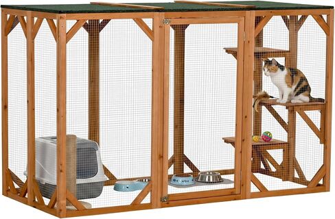 PawHut Outdoor Cat House, Catio Wooden Feral Cat Shelter, Cat Cage with Platforms, Large Enter Door, Weather Protection Asphalt Roof, 71" L, Brown in Kuwait