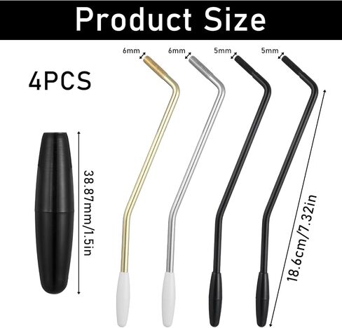 4 Pack Tremolo Arm Whammy Bar Set (5mm & 6mm Threaded) Metal Single Tremolo Bars with Tip for Stratocaster and Most Electric Guitars - Includes 3 Colors (Black, Gold, Silver) in Kuwait
