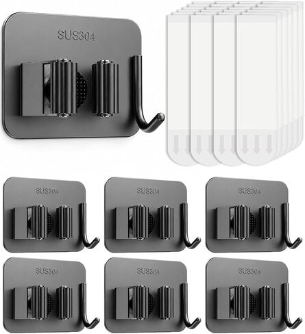 6Pcs Broom Holder Wall Mount With Hooks, Damage-Free Broom And Mop Organizer Wall Hanging, Heavy Duty Self Adhesive Broom Hanger Clips Storage Rack For Garden, Laundry Room Tools, SUS 304, Matte Black in Kuwait