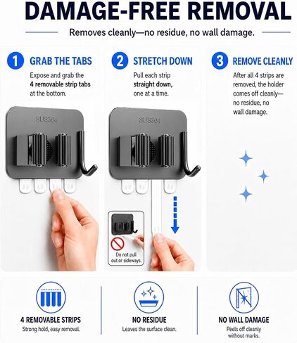 6Pcs Broom Holder Wall Mount With Hooks, Damage-Free Broom And Mop Organizer Wall Hanging, Heavy Duty Self Adhesive Broom Hanger Clips Storage Rack For Garden, Laundry Room Tools, SUS 304, Matte Black in Kuwait