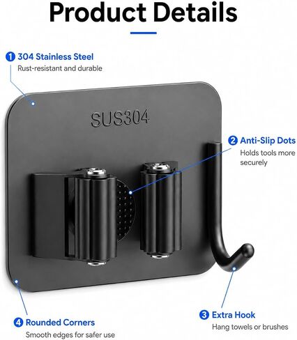 6Pcs Broom Holder Wall Mount With Hooks, Damage-Free Broom And Mop Organizer Wall Hanging, Heavy Duty Self Adhesive Broom Hanger Clips Storage Rack For Garden, Laundry Room Tools, SUS 304, Matte Black in Kuwait
