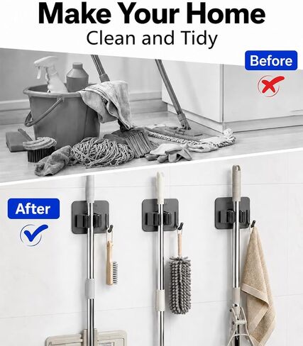 6Pcs Broom Holder Wall Mount With Hooks, Damage-Free Broom And Mop Organizer Wall Hanging, Heavy Duty Self Adhesive Broom Hanger Clips Storage Rack For Garden, Laundry Room Tools, SUS 304, Matte Black in Kuwait