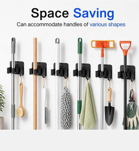 6Pcs Broom Holder Wall Mount With Hooks, Damage-Free Broom And Mop Organizer Wall Hanging, Heavy Duty Self Adhesive Broom Hanger Clips Storage Rack For Garden, Laundry Room Tools, SUS 304, Matte Black in Kuwait