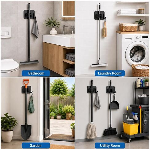 6Pcs Broom Holder Wall Mount With Hooks, Damage-Free Broom And Mop Organizer Wall Hanging, Heavy Duty Self Adhesive Broom Hanger Clips Storage Rack For Garden, Laundry Room Tools, SUS 304, Matte Black in Kuwait