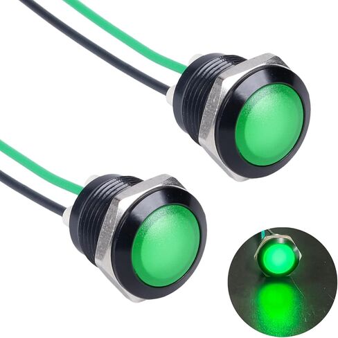 2PCS 12mm 110VAC 125VAC Metal Indicator Light 1/2 inch 20mA Waterproof IP67 Single lamp LED Pilot Lamp Raised Head with Wire for Household appliances, DIY, (Green LED) Black Anodized Shell in Kuwait