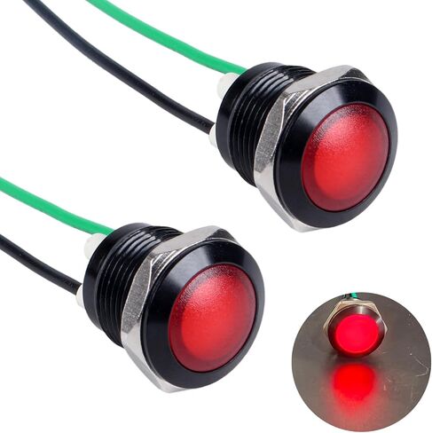 2PCS 12mm 110VAC 125VAC Metal Indicator Light 1/2 inch 20mA Waterproof IP67 Single lamp LED Pilot Lamp Raised Head with Wire for Household appliances, DIY, (Green LED) Black Anodized Shell in Kuwait