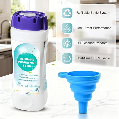 زجاجة قابلة لإعادة التعبئة لـ Swiffer® Power Mop™ - 720 مل / 24 أونصة سائلة، محلول منظف HDPE مانع للتسرب، زجاجة قابلة لإعادة التعبئة مع 7 حشوات من السيليكون وقمع واحد، سهلة التركيب للاستخدام مع أي محلول تنظيف in Kuwait