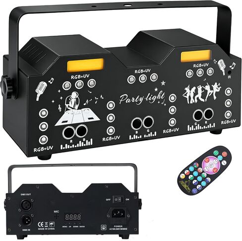 RGB Party Light, 4-in-1 Disco Stage Light with 193 Patterns, Sound Activated DJ Light, RGB Wash Light, Blacklight, Golden Strobe, DMX512 Control & Remote Stage Lighting for Club, KTV, Home Party in Kuwait
