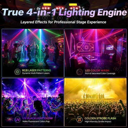 RGB Party Light, 4-in-1 Disco Stage Light with 193 Patterns, Sound Activated DJ Light, RGB Wash Light, Blacklight, Golden Strobe, DMX512 Control & Remote Stage Lighting for Club, KTV, Home Party in Kuwait