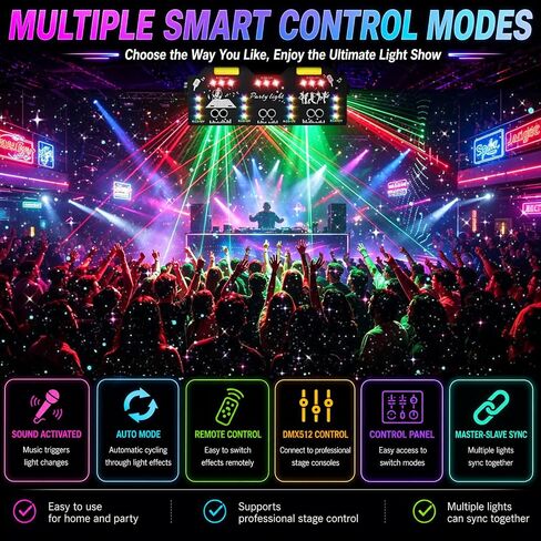 RGB Party Light, 4-in-1 Disco Stage Light with 193 Patterns, Sound Activated DJ Light, RGB Wash Light, Blacklight, Golden Strobe, DMX512 Control & Remote Stage Lighting for Club, KTV, Home Party in Kuwait