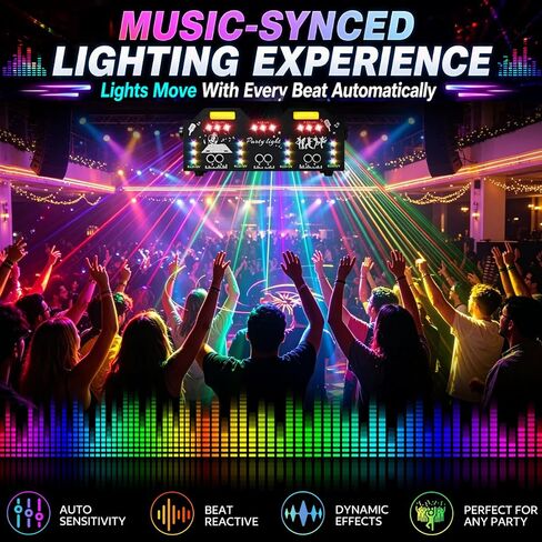 RGB Party Light, 4-in-1 Disco Stage Light with 193 Patterns, Sound Activated DJ Light, RGB Wash Light, Blacklight, Golden Strobe, DMX512 Control & Remote Stage Lighting for Club, KTV, Home Party in Kuwait